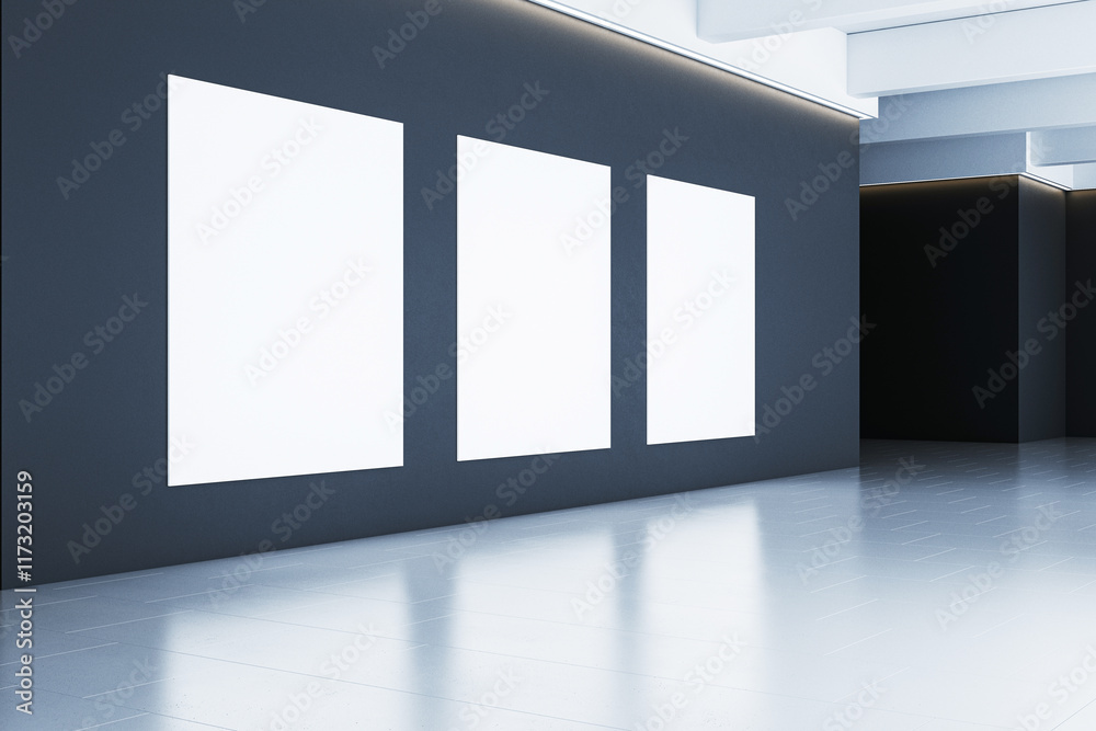 Aufkleber minimalist gallery interior with three blank canvases on a dark wall. 3d rendering