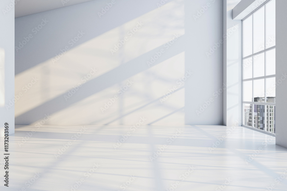 Poster Minimalistic empty bright interior with large windows casting shadows on clean white walls and floors. 3D Rendering