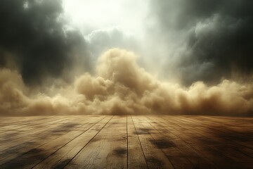 Dusty clouds over wooden floor.