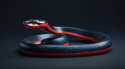 Fototapeta premium Striking black and red snake coiled gracefully on a dark background, illustrating its unique coloration and features