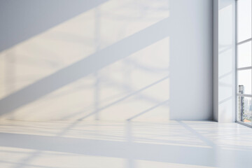 Minimalist room interior with sunlight filtering through large windows, casting shadows on a clean white wall and floor. 3D Rendering