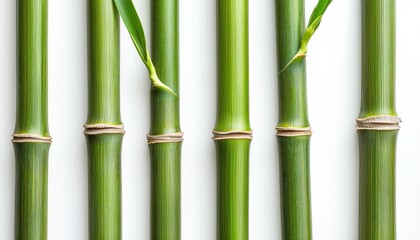 Fototapeta premium Fresh bamboo stalks arranged vertically, showcasing their vibrant green color and natural texture, ideal for decoration or gardening.