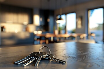 House keys rest on a sleek, dark wood surface.  A modern kitchen and dining area are softly blurred in the background, suggesting a new home or new beginning.
