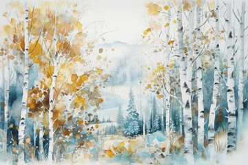 beautiful autumn landscape with birch trees against a blue sky., watercolor style,  