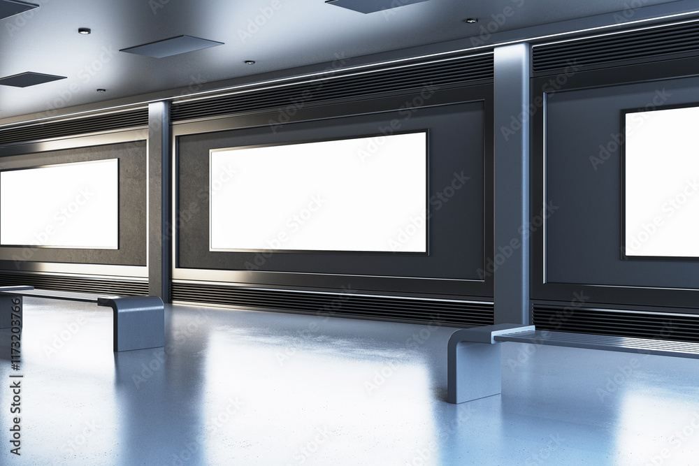 Poster modern gallery interior with blank displays and metal benches in a well-lit space. 3d rendering