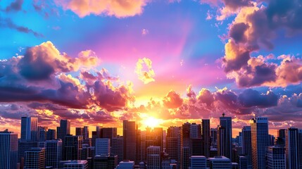 Fototapeta premium Stunning Sunset Over City Skyline with Dramatic Cloud Formation