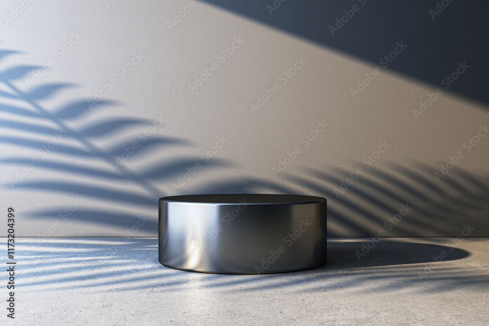 Poster Modern empty studio interior with a metallic podium and palm shadows on a textured wall. 3D Rendering