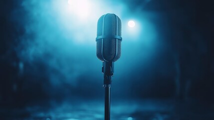 Vintage microphone on stage with blue lighting and smoke.