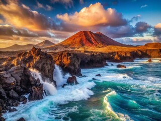Dramatic Lanzarote Coastline: Los Hervideros Cliffs & Montana Bermeja Volcano