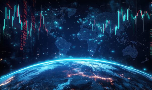 Digital globe with stock market data, charts, and graphs on a dark background. Concept of global business or economic growth.