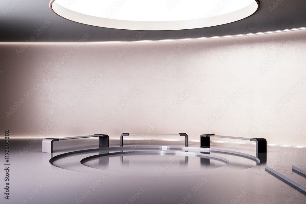 Aufkleber Abstract modern interior with circular platform and benches in minimalist room with soft lighting and textured walls. 3D Rendering