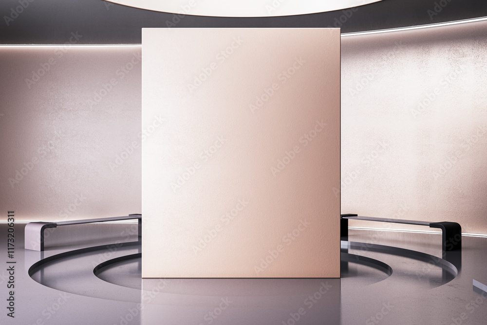 Poster beige blank wall mockup in a modern interior with curved metallic elements and soft lighting. 3d ren