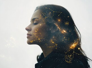 Double exposure of a woman's portrait and zodiac signs, set against a cosmic sky background. Concept for fortune-telling or astrological history stock photo.
