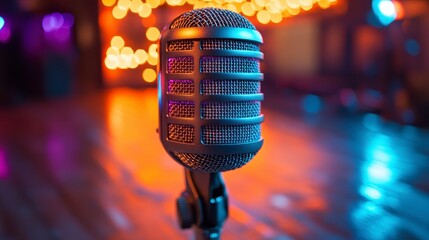 Vintage microphone on stage with colorful lights. (1)
