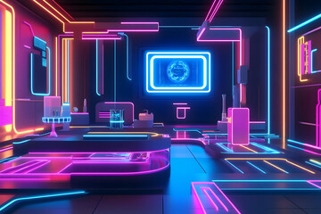 Neon retro futuristic room, vibrant colors, 80s style.