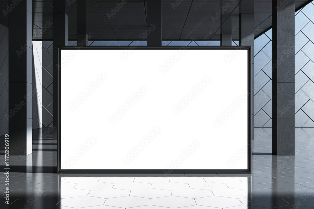 Poster Blank white digital display or poster mockup in a modern interior space with tiled walls and floor, surrounded by dark elements. 3D Rendering