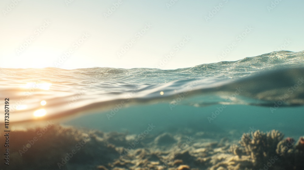 Poster Half underwater view of sunlight filtering through the ocean surface and illuminating a coral reef below, creating a tranquil and captivating underwater scene
