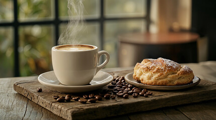 Steaming coffee and flaky scone on a rustic table with coffee beans, perfect for cafe menus, banners, promotions, or cozy lifestyle websites