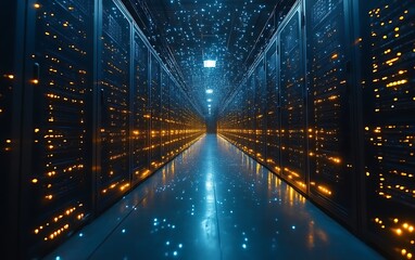 Illuminated server room data center corridor.