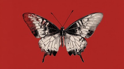 Fototapeta premium A monochrome butterfly against a red background