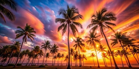 Obraz premium Dreamy Blurred Tropical Sunset Palm Trees Motion Background