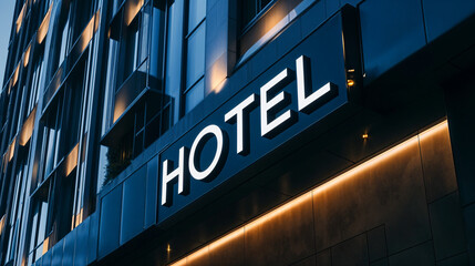 Sleek corporate hotel exterior with modern architecture and glowing signage, perfect for business travelers, reservations, and flights