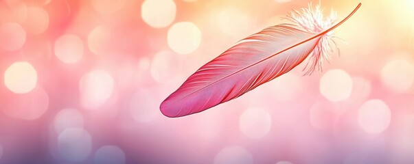 Naklejka premium Feather abstract background concept. A delicate pink feather floating gracefully on a dreamy pastel background.