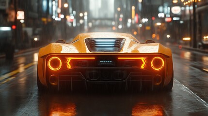 Futuristic orange sports car on rain-slicked city street at night.