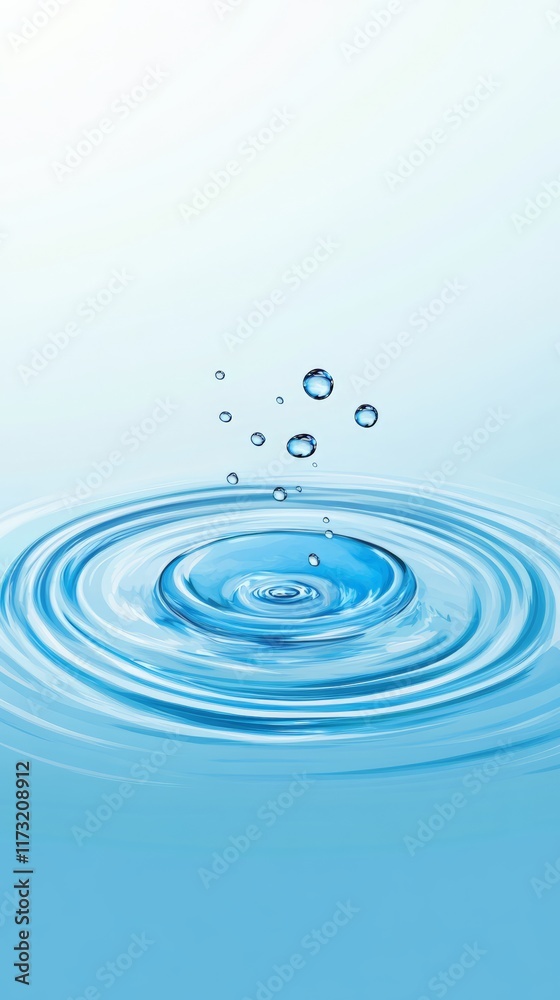 Poster raindrops delicately hitting a calm water surface, creating concentric ripples and bubbles. the sere
