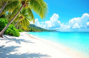 tropical beach scene with white sand and turquoise waters, outdoor setting on a sunny day, tropical beach background