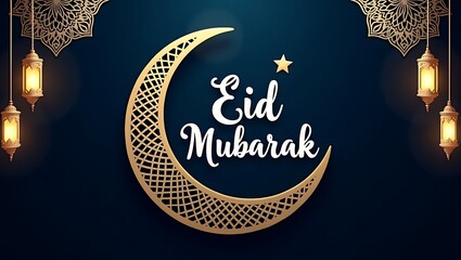 Elegant Islamic-style digital illustration with a dark blue background, gold mandalas, hanging lanterns, and a decorative crescent moon featuring "Eid Mubarak" text.