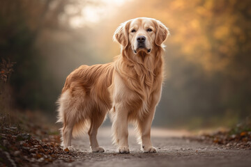Golden retriever dog portrait at autumn park outdoor photography