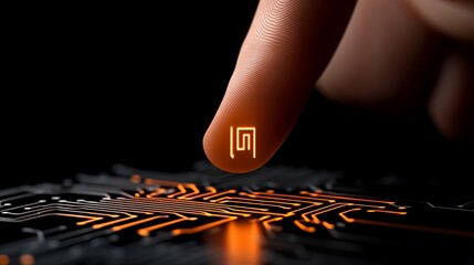 Fingertip Authentication: A fingertip hovers over a glowing circuit board, illuminating a digital lock symbol, signifying the future of secure access and authentication.  