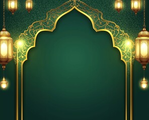 Lantern with Elegant green and gold Islamic-inspired background, with white space for text in the center and a simple arch-shaped decoration