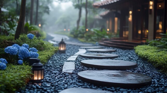 Serene garden path with stone steps, lanterns, and hydrangeas on a misty morning.