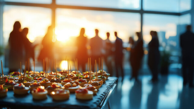 Elegant appetizers at business event with sunset backdrop