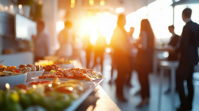 Delicious food spread at vibrant business event with people mingling