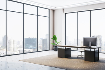 Modern executive office with desk, chair, computer, and plant in corner, large windows with city view, minimalist interior design. 3D Rendering