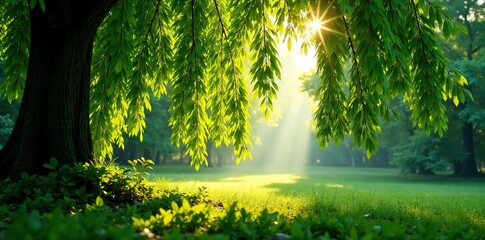 Obraz premium Dappled sunlight filters through willow leaves, shade, forest, through