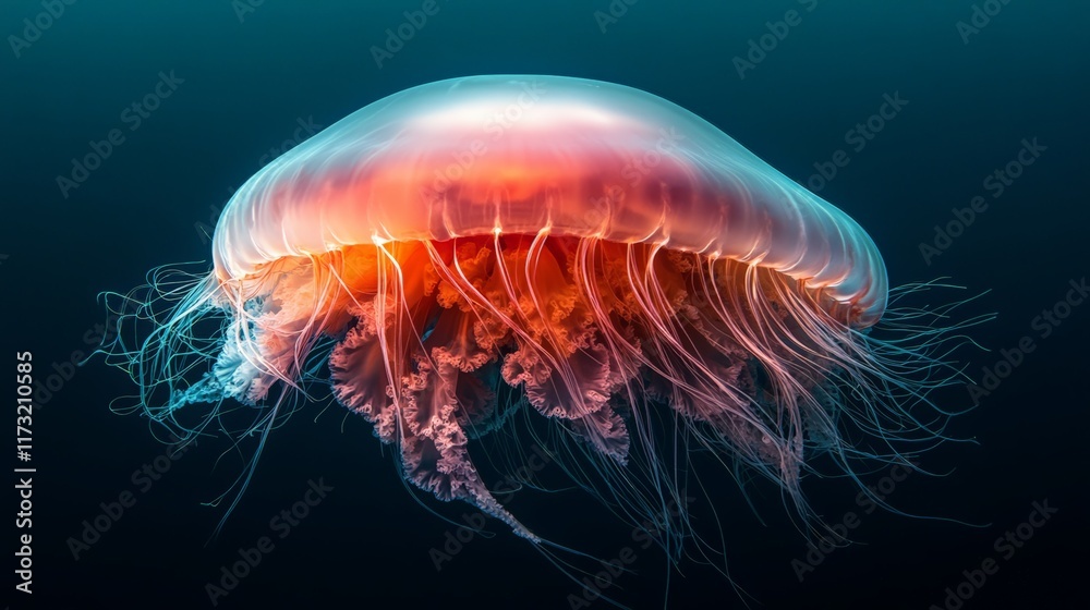 Poster vibrant lion's mane jellyfish with flowing tentacles gracefully floats in the dark depths of the oce