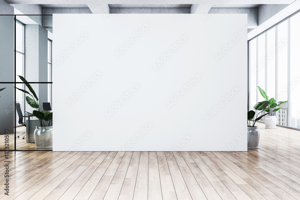 Wall mural Blank white wall in a modern office interior with wooden floor and glass windows, featuring potted plants and city view backdrop. 3D Rendering