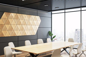 Contemporary boardroom interior with geometric wooden decor and large windows overlooking cityscape. 3D Rendering