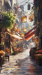 Naklejka premium A vibrant street scene filled with shops, hanging lanterns, and a lively atmosphere.