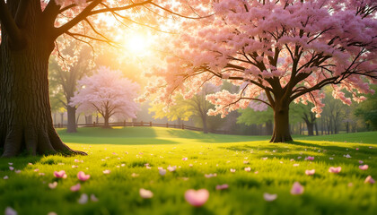 Fototapeta premium Nature scene with bright spring sunshine filtering through blossoming trees in a vibrant landscape