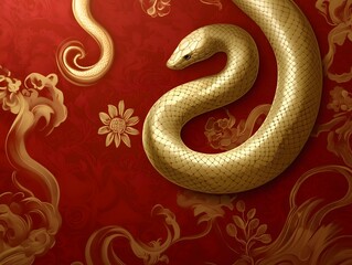 Fototapeta premium golden snake on red,chinese new year snake year 