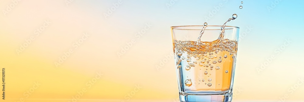 Aufkleber clear glass filled with sparkling water, capturing droplets and bubbles as they ripple on the surfac