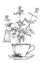 Outline of a herbal tea bag steeping in a cup on a white background