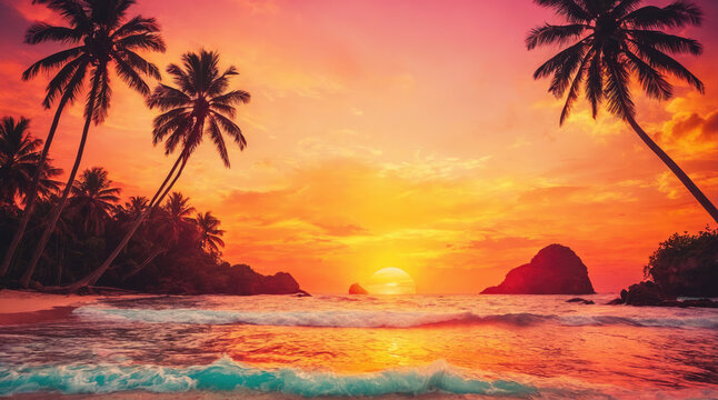 Beautiful sunset over the ocean with silhouettes of palm trees and rocky coastline in a tropical paradise