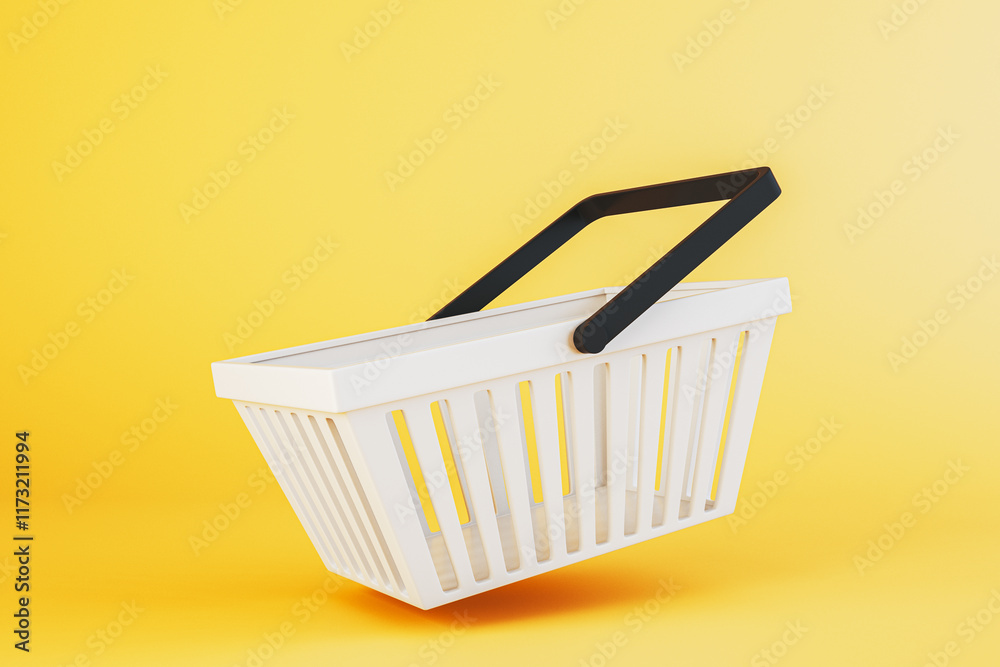Poster White shopping basket with black handles isolated on yellow gradient background. 3D Rendering