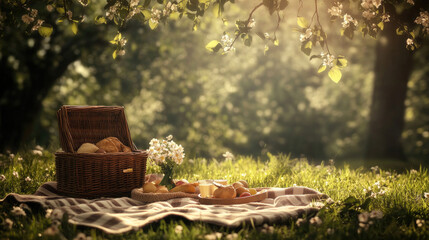 Rustic Picnic Basket Surrounded by Blossoming Nature in Sunshine